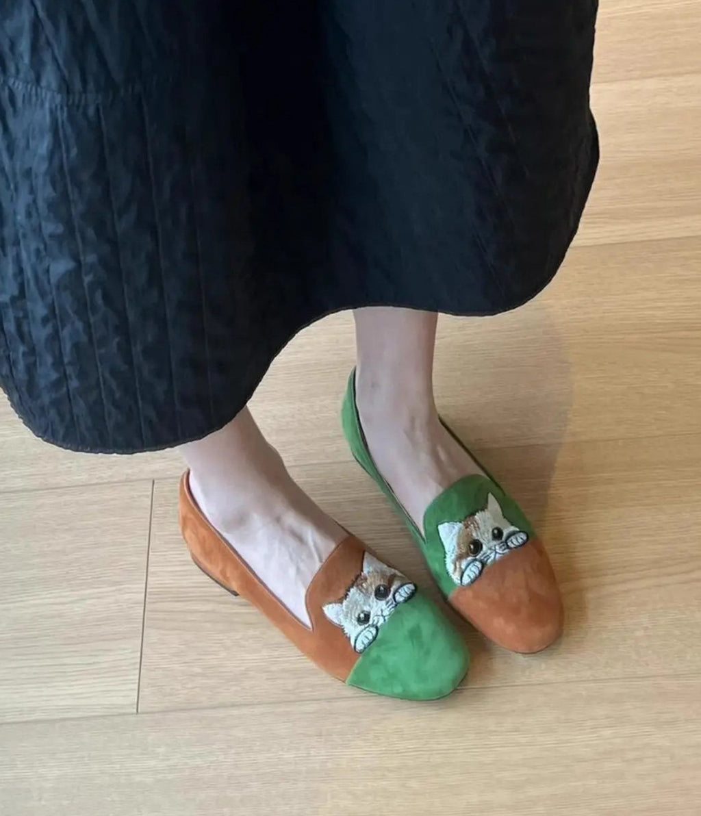 Green & Brown Leather Cat Embroidered Loafers - Unique Vintage - Womens, SHOES, LOAFERS