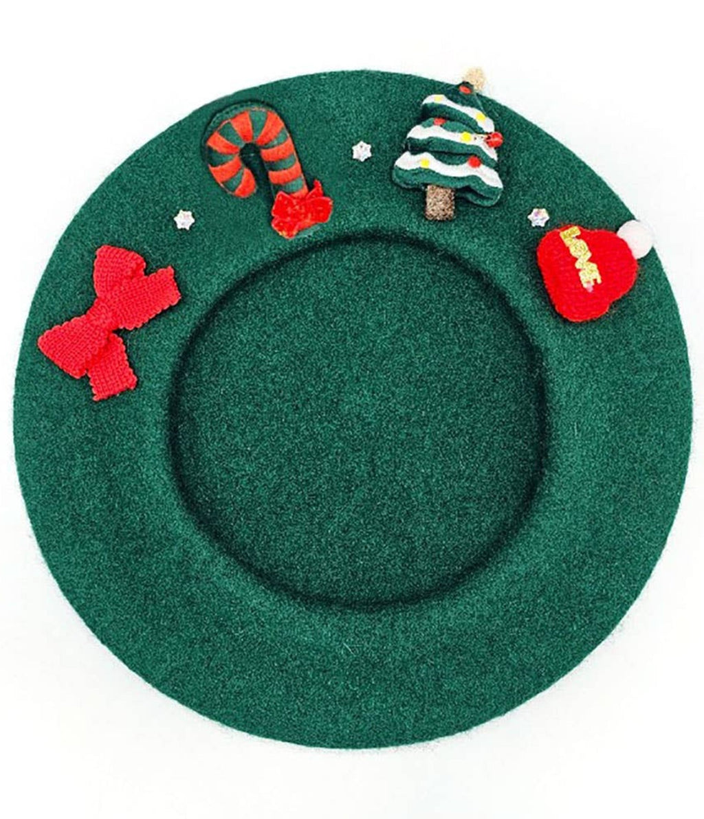 Green Christmas Charm Wool Beret - Unique Vintage - Womens, ACCESSORIES, HATS
