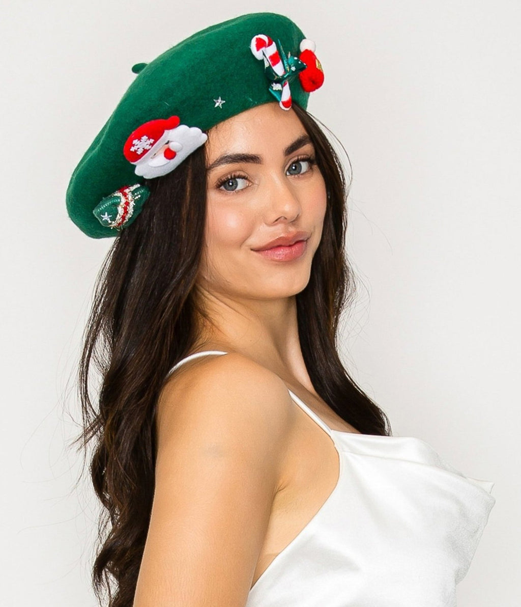 Green Christmas Felt Beret - Unique Vintage - Womens, ACCESSORIES, HAIR
