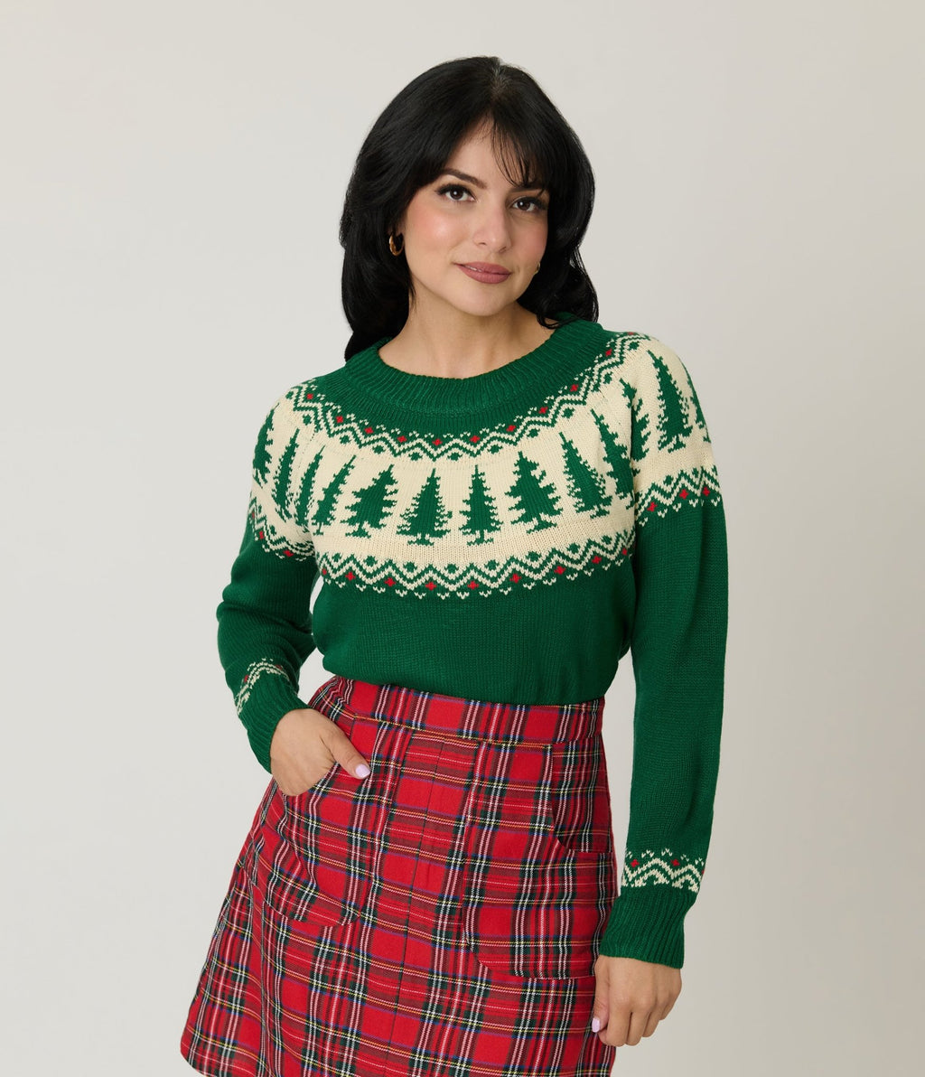 Green Christmas Tree Fair Isle Sweater - Unique Vintage - Womens, TOPS, SWEATERS