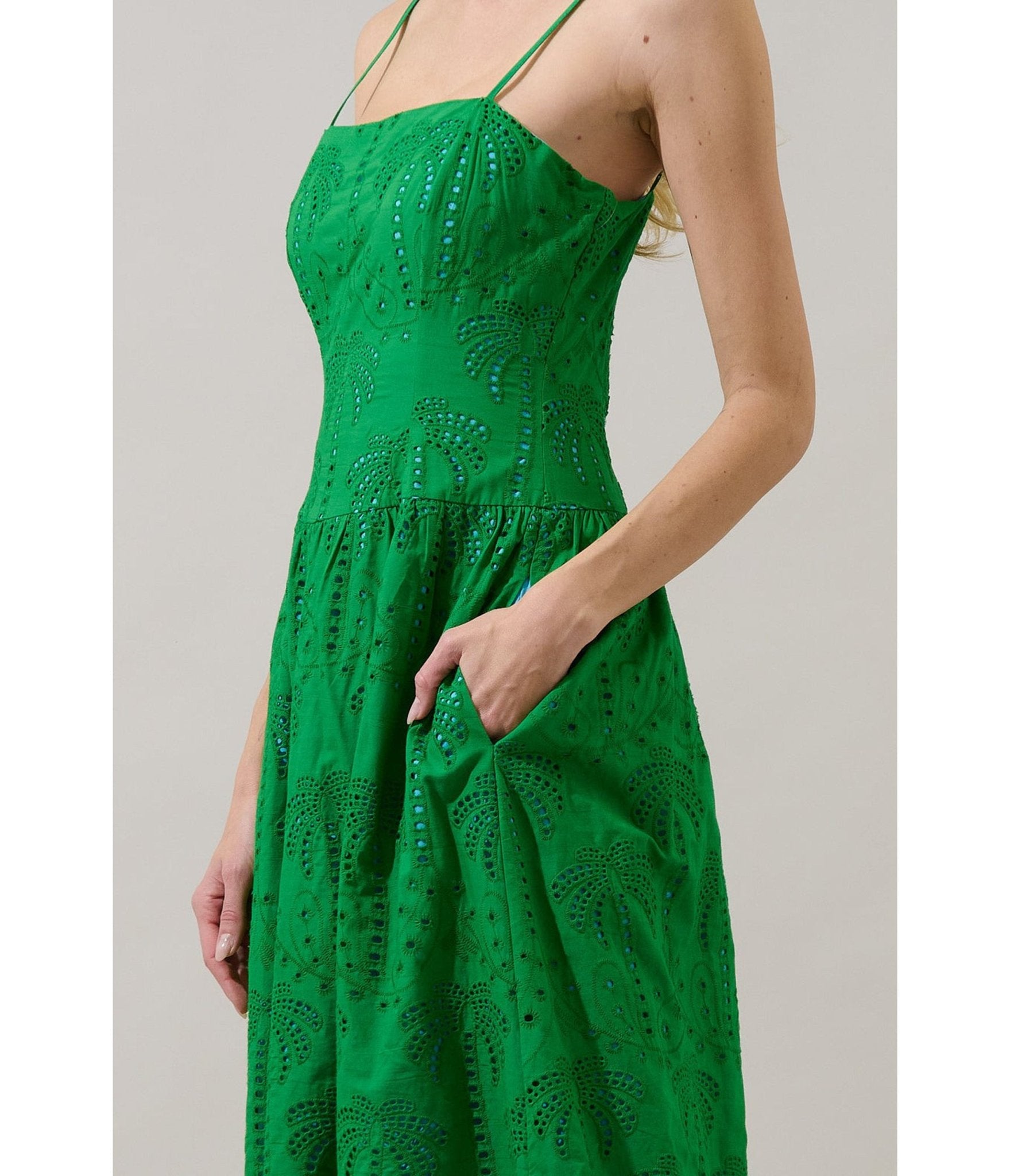 Selry Smocked Midi Dress Palms Eyelet GREEN / S by Sugarlips Selry Smocked Midi Dress Palms Eyelet GREEN / S by Sugarlips