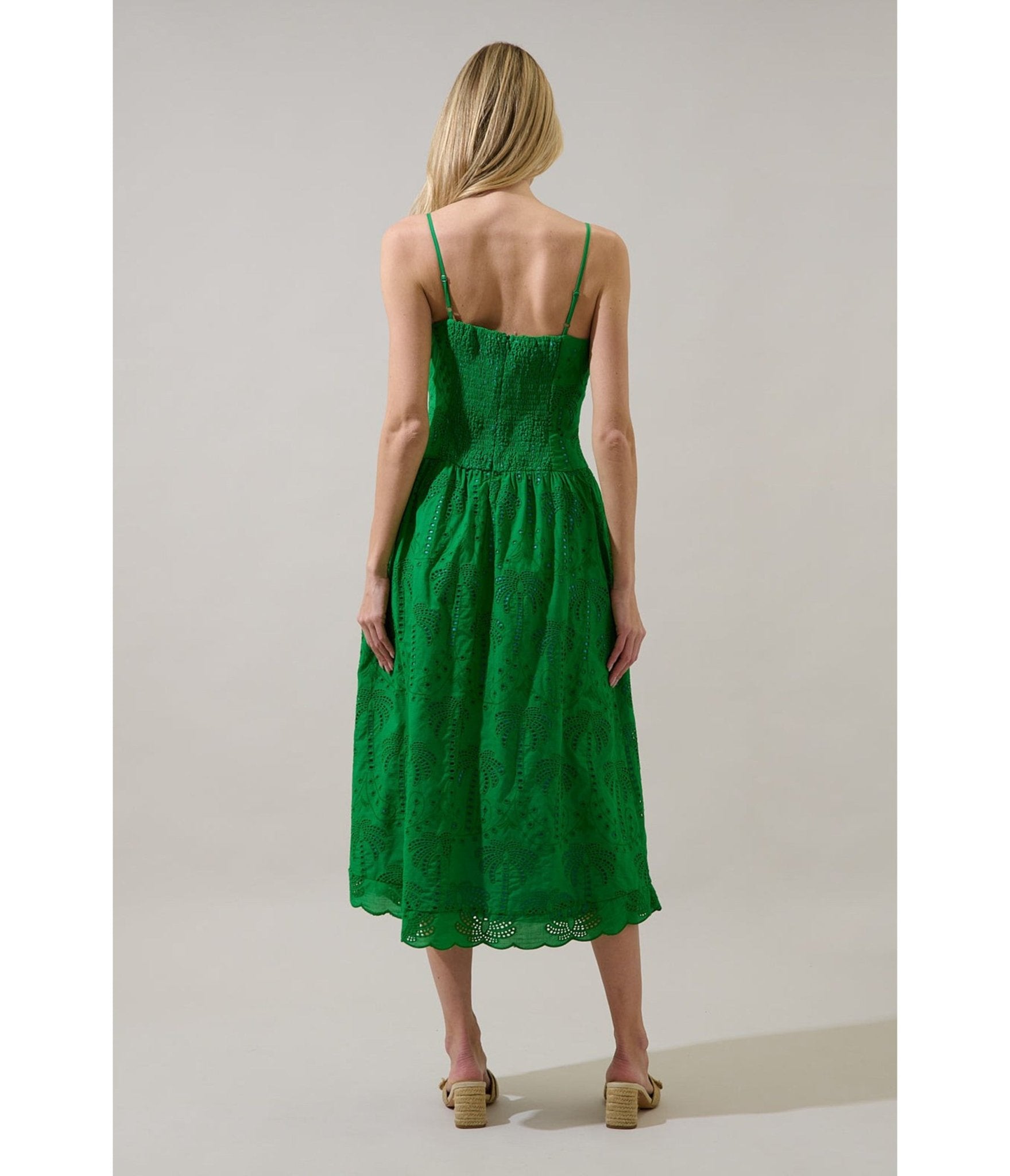 Selry Smocked Midi Dress Palms Eyelet GREEN / S by Sugarlips Selry Smocked Midi Dress Palms Eyelet GREEN / S by Sugarlips