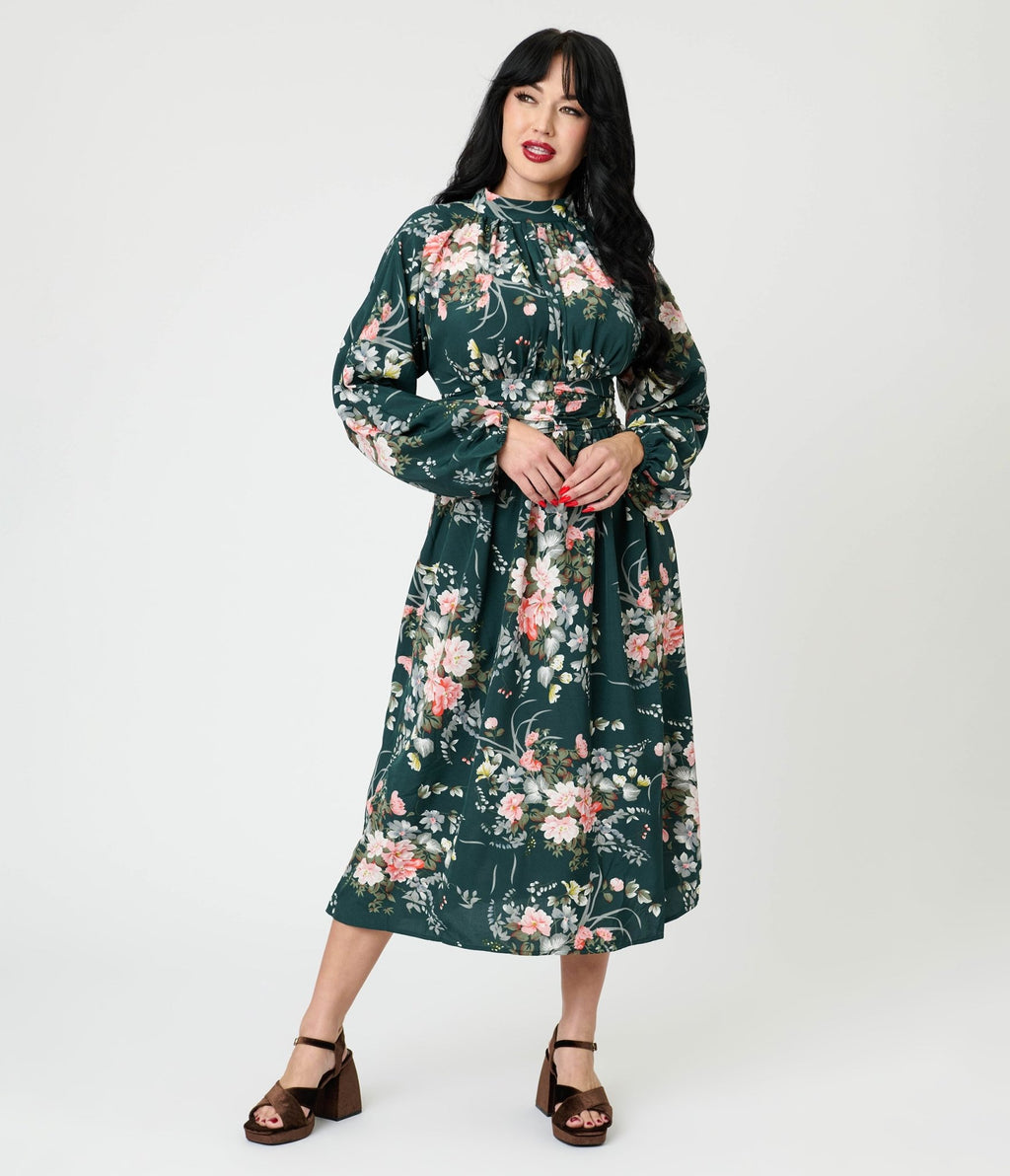 Green Floral Midi Dress - Unique Vintage - Womens, DRESSES, MAXI
