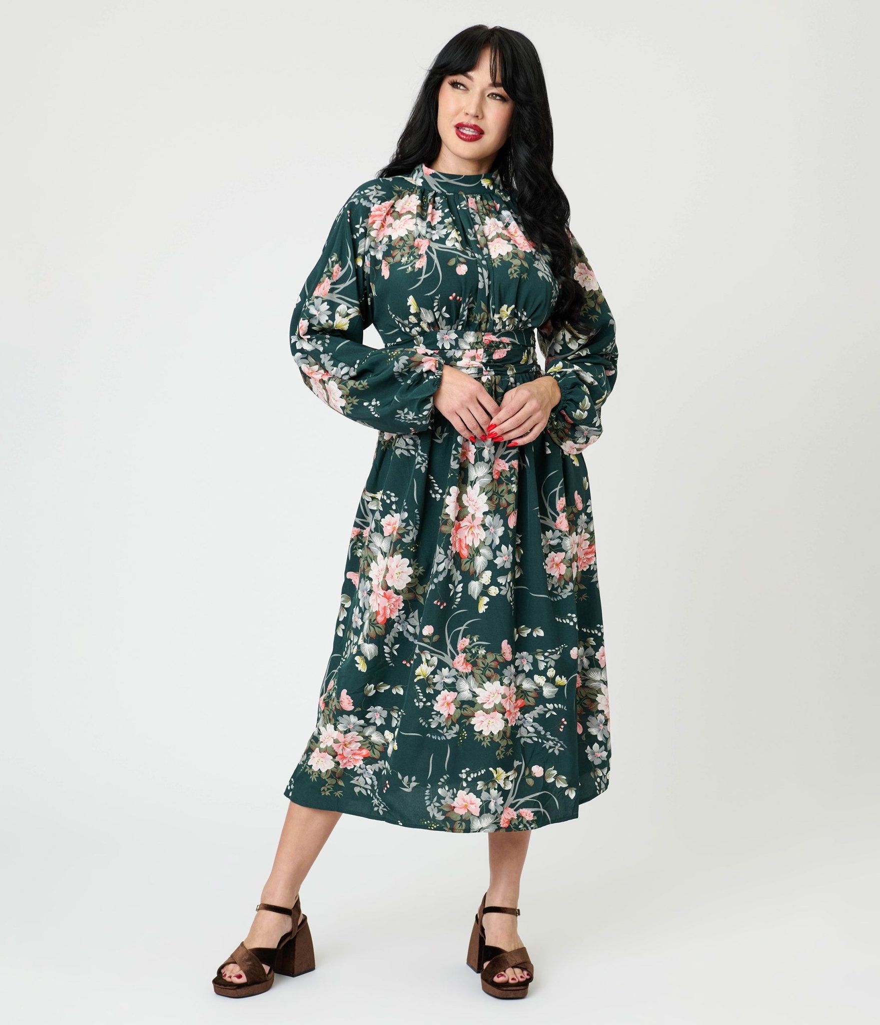 Green Floral Midi Dress - Unique Vintage - Womens, DRESSES, MAXI