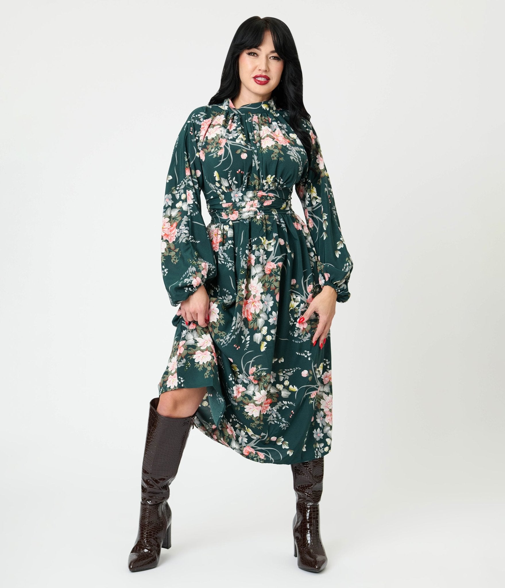 Green Floral Midi Dress - Unique Vintage - Womens, DRESSES, MAXI
