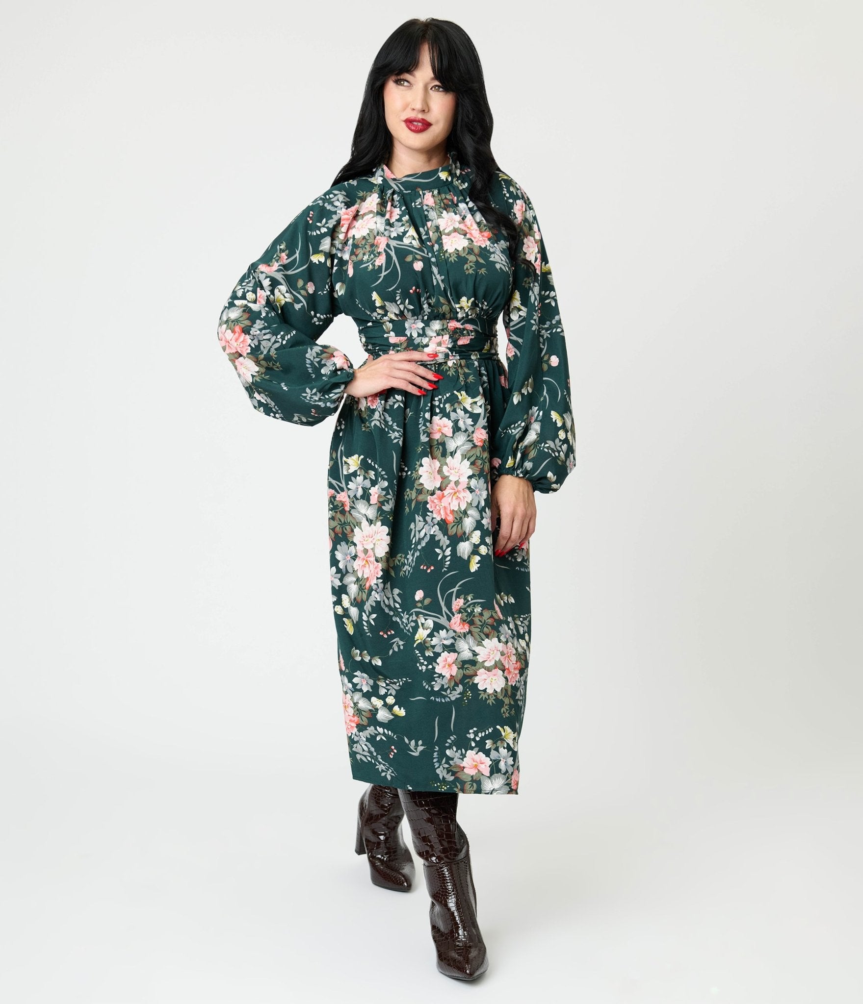 Green Floral Midi Dress - Unique Vintage - Womens, DRESSES, MAXI
