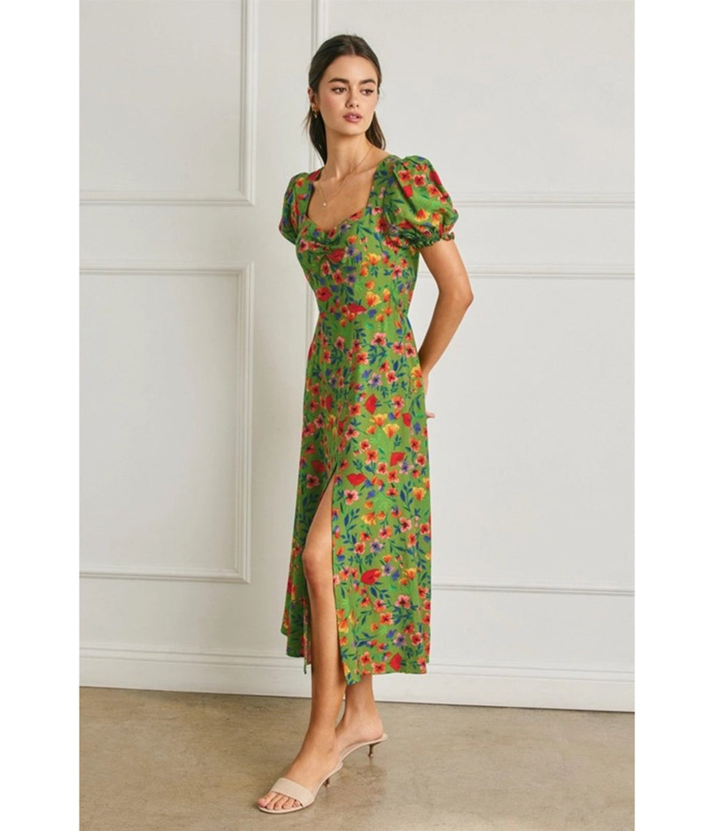 Green Floral Print Puff Sleeve Midi Dress