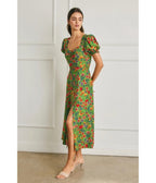 Green Floral Print Puff Sleeve Midi Dress - Unique Vintage - Womens, DRESSES, MIDI