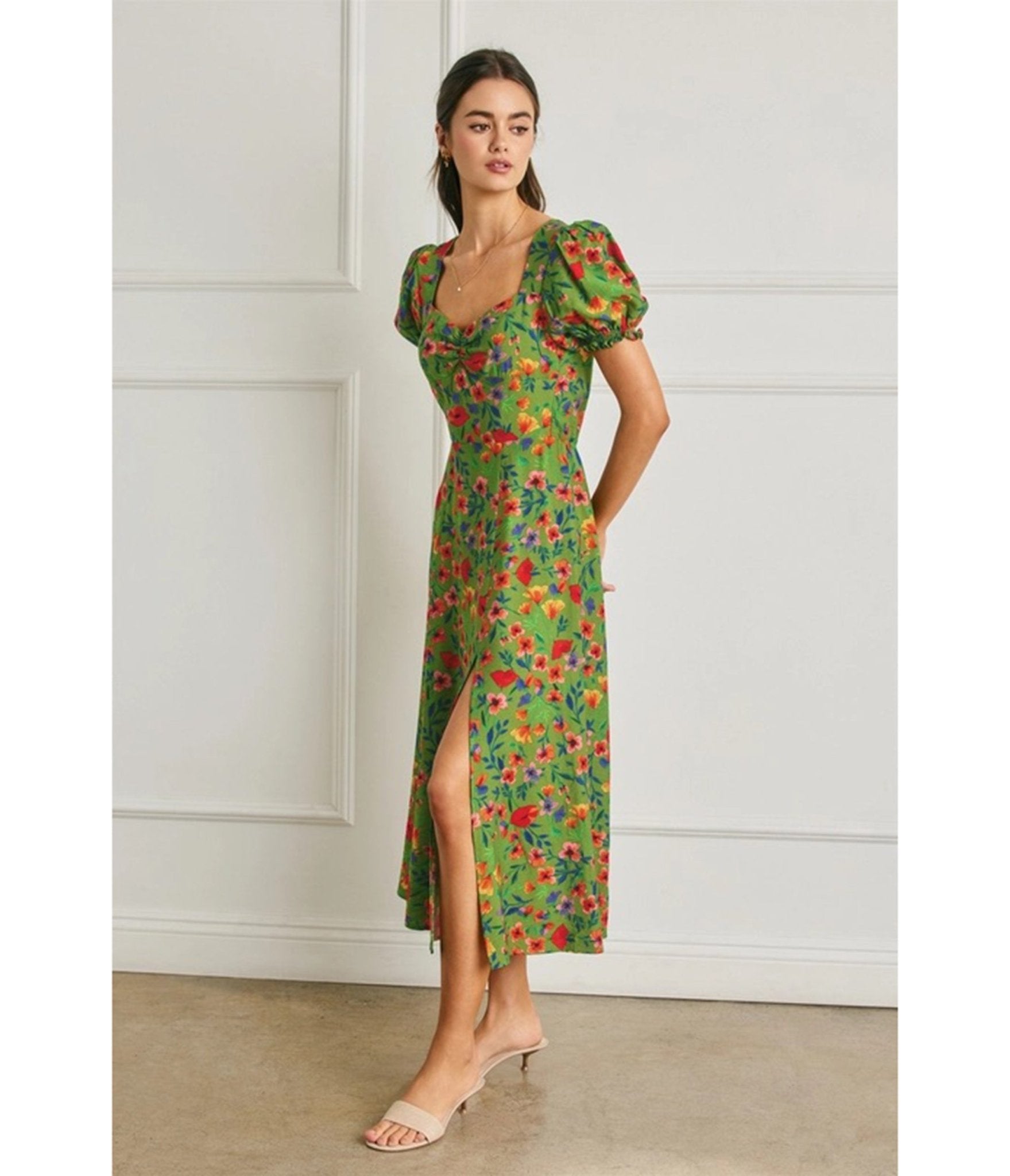 Green Floral Print Puff Sleeve Midi Dress - Unique Vintage - Womens, DRESSES, MIDI
