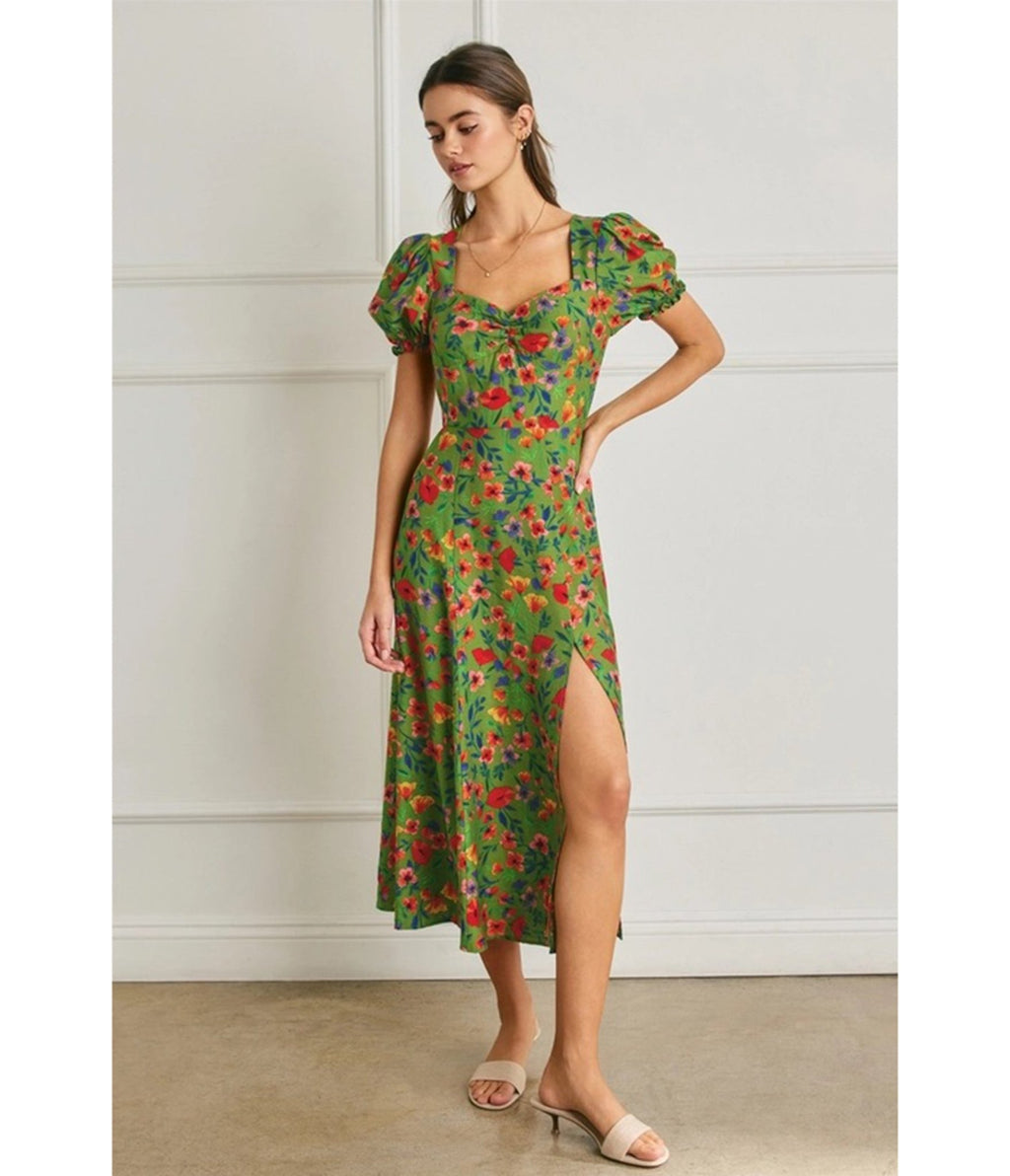 Green Floral Print Puff Sleeve Midi Dress - Unique Vintage - Womens, DRESSES, MIDI