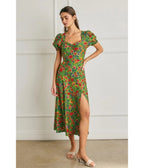 Green Floral Print Puff Sleeve Midi Dress - Unique Vintage - Womens, DRESSES, MIDI