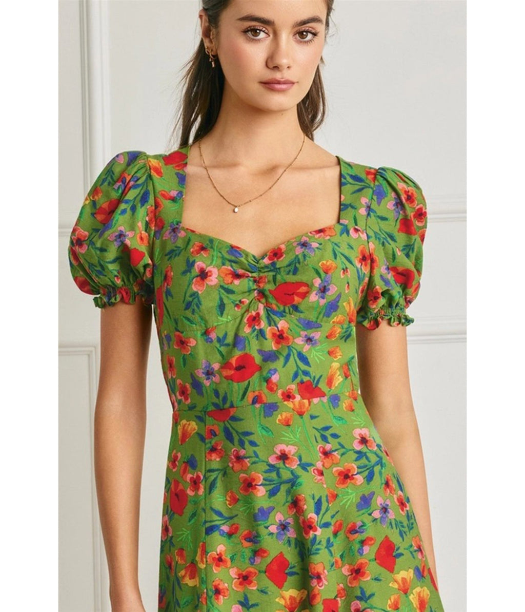 Green Floral Print Puff Sleeve Midi Dress - Unique Vintage - Womens, DRESSES, MIDI