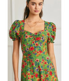 Green Floral Print Puff Sleeve Midi Dress - Unique Vintage - Womens, DRESSES, MIDI