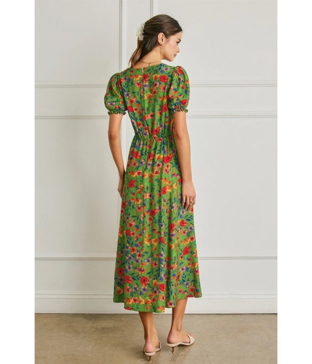 Green Floral Print Puff Sleeve Midi Dress - Unique Vintage - Womens, DRESSES, MIDI