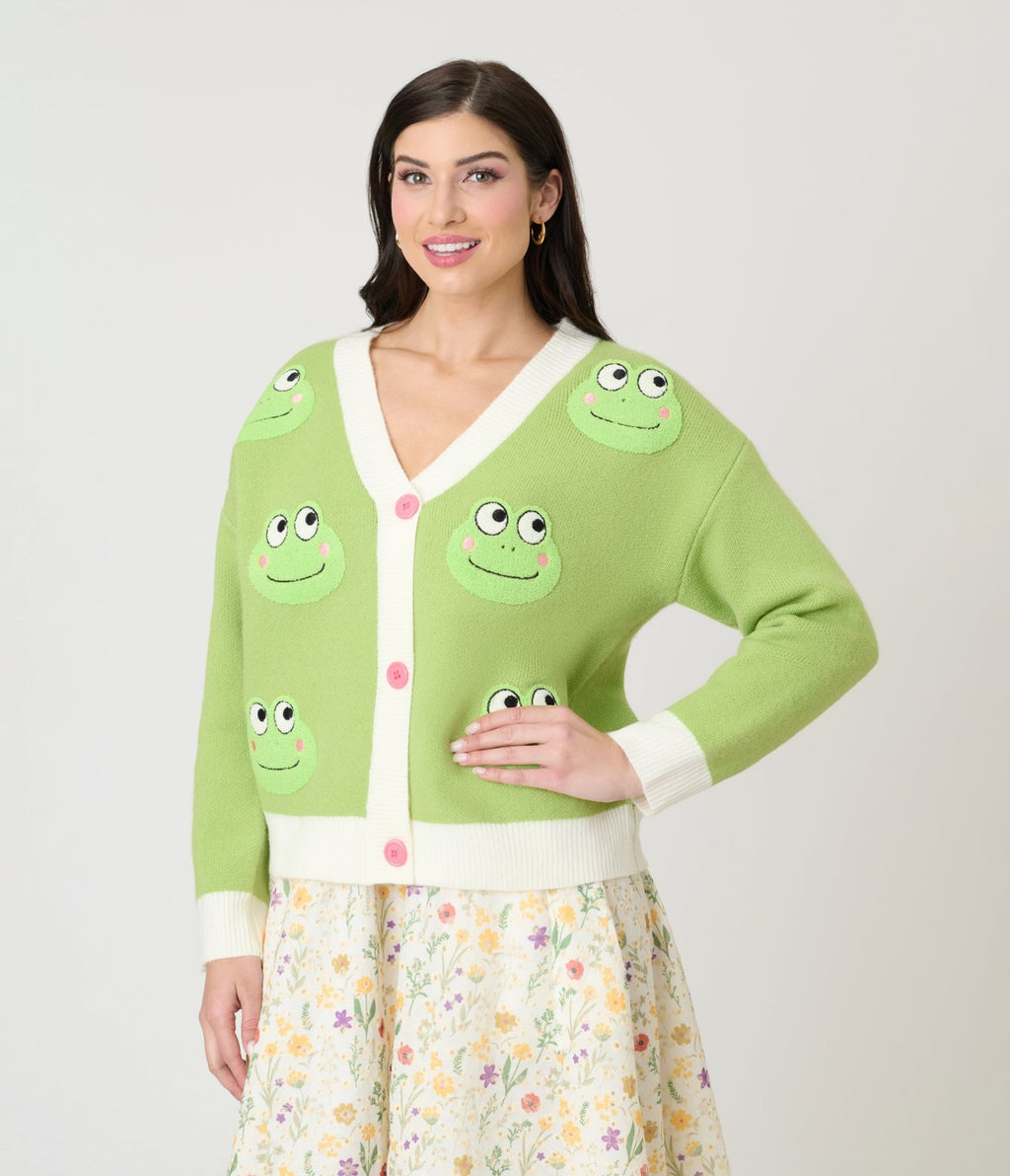Green Friendly Frog Cardigan - Unique Vintage - Womens, TOPS, SWEATERS