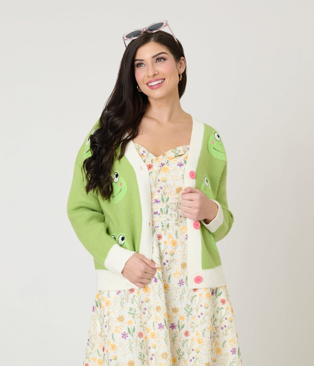 Green Friendly Frog Cardigan - Unique Vintage - Womens, TOPS, SWEATERS