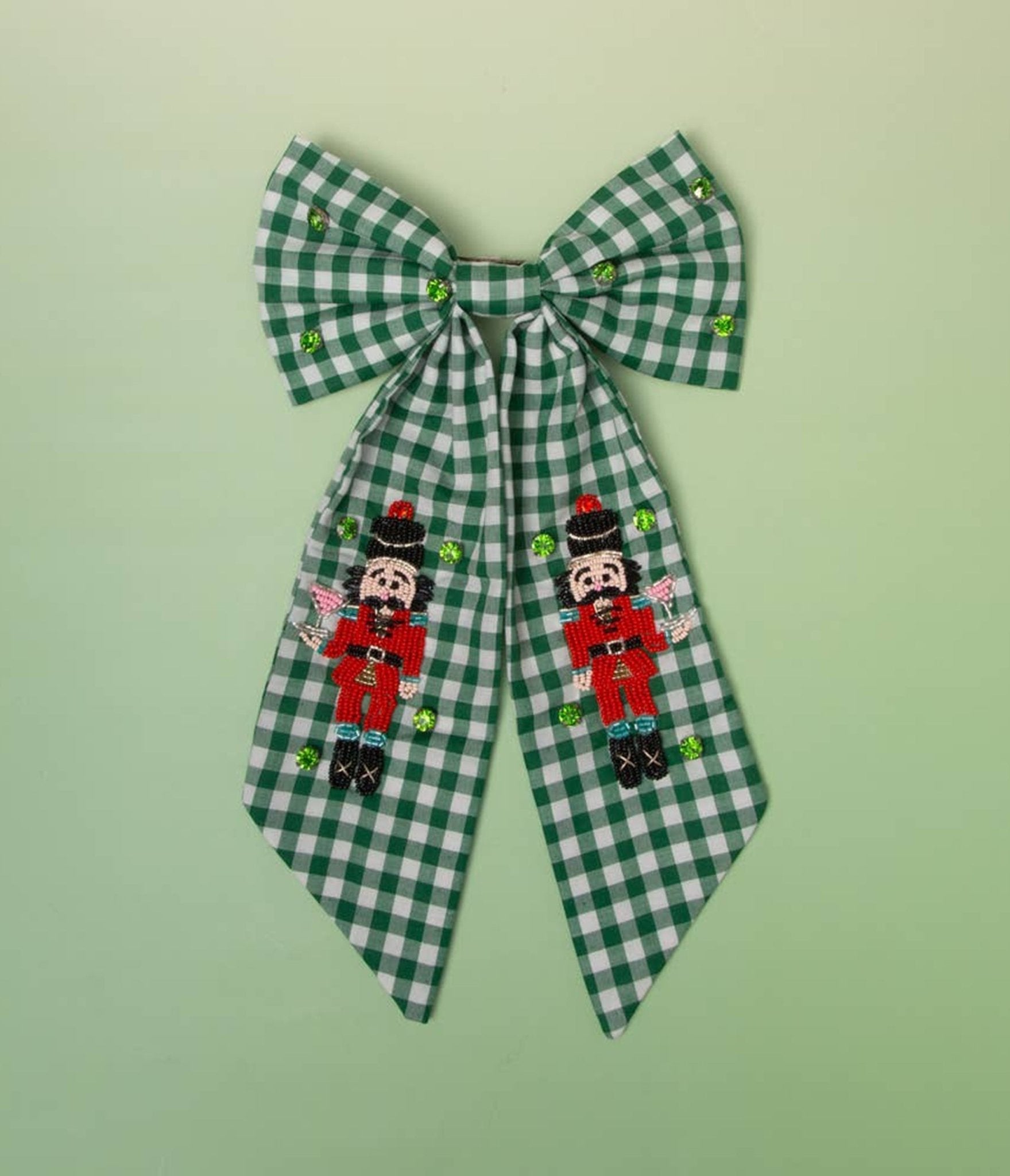 Green Gingham Nutcracker Bow Hair Clip - Unique Vintage - Womens, ACCESSORIES, HAIR