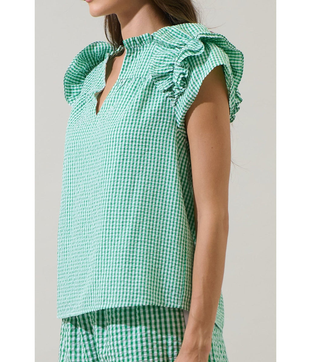 Green Gingham Ruffle Tamara Top - Unique Vintage - Womens, TOPS, SHIRTS
