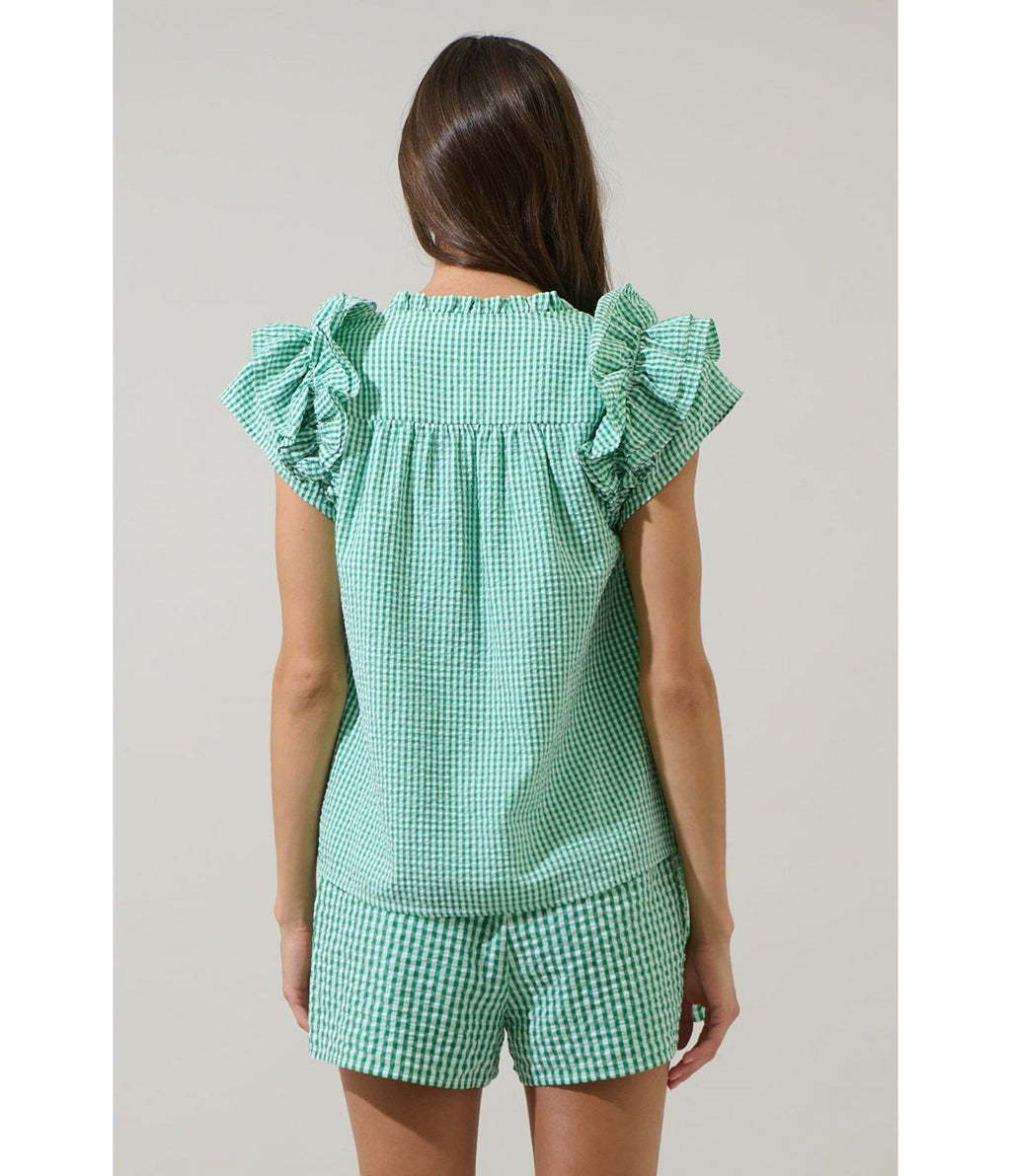 Green Gingham Ruffle Tamara Top - Unique Vintage - Womens, TOPS, SHIRTS