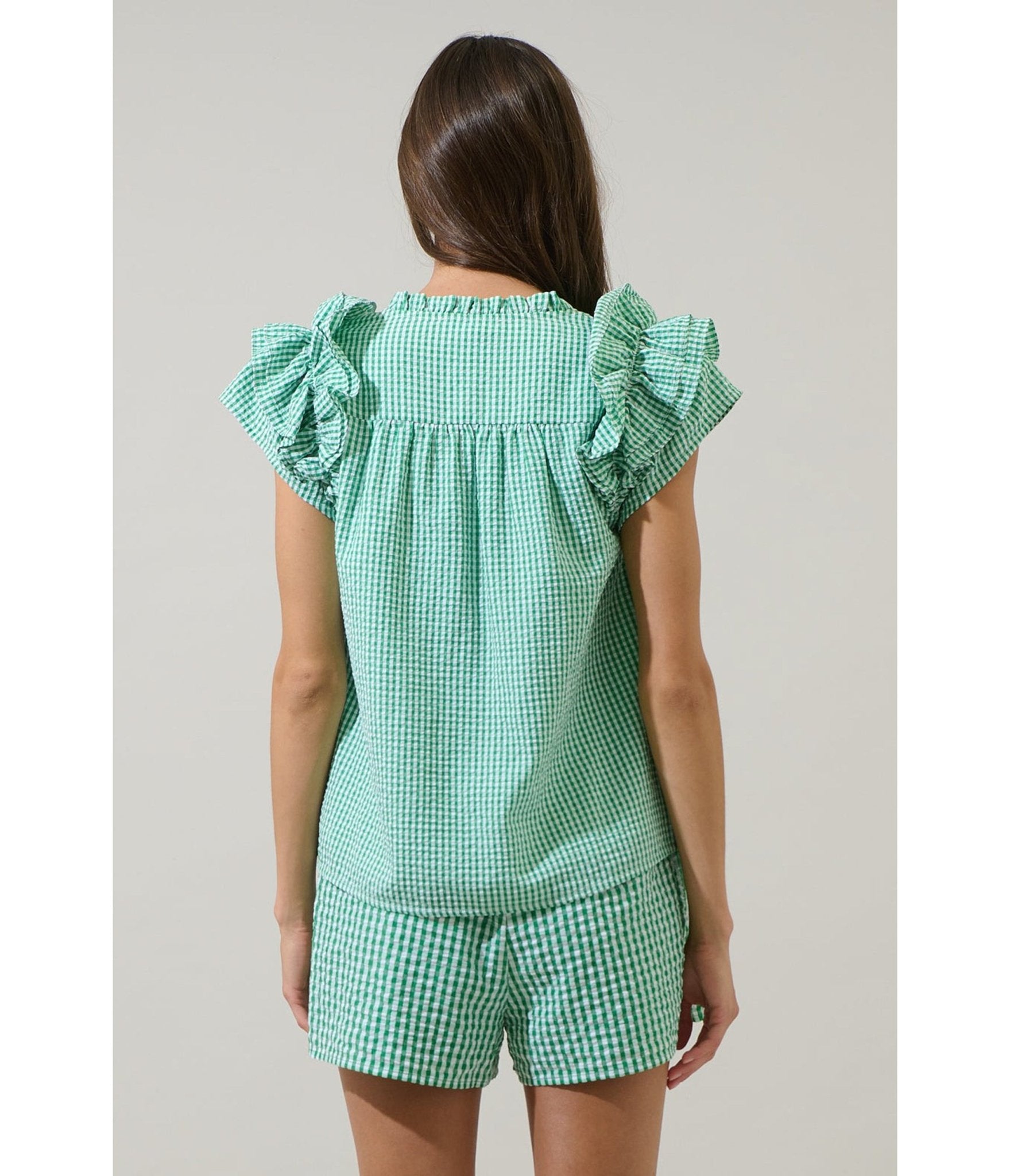 Green Gingham Ruffle Tamara Top - Unique Vintage - Womens, TOPS, SHIRTS