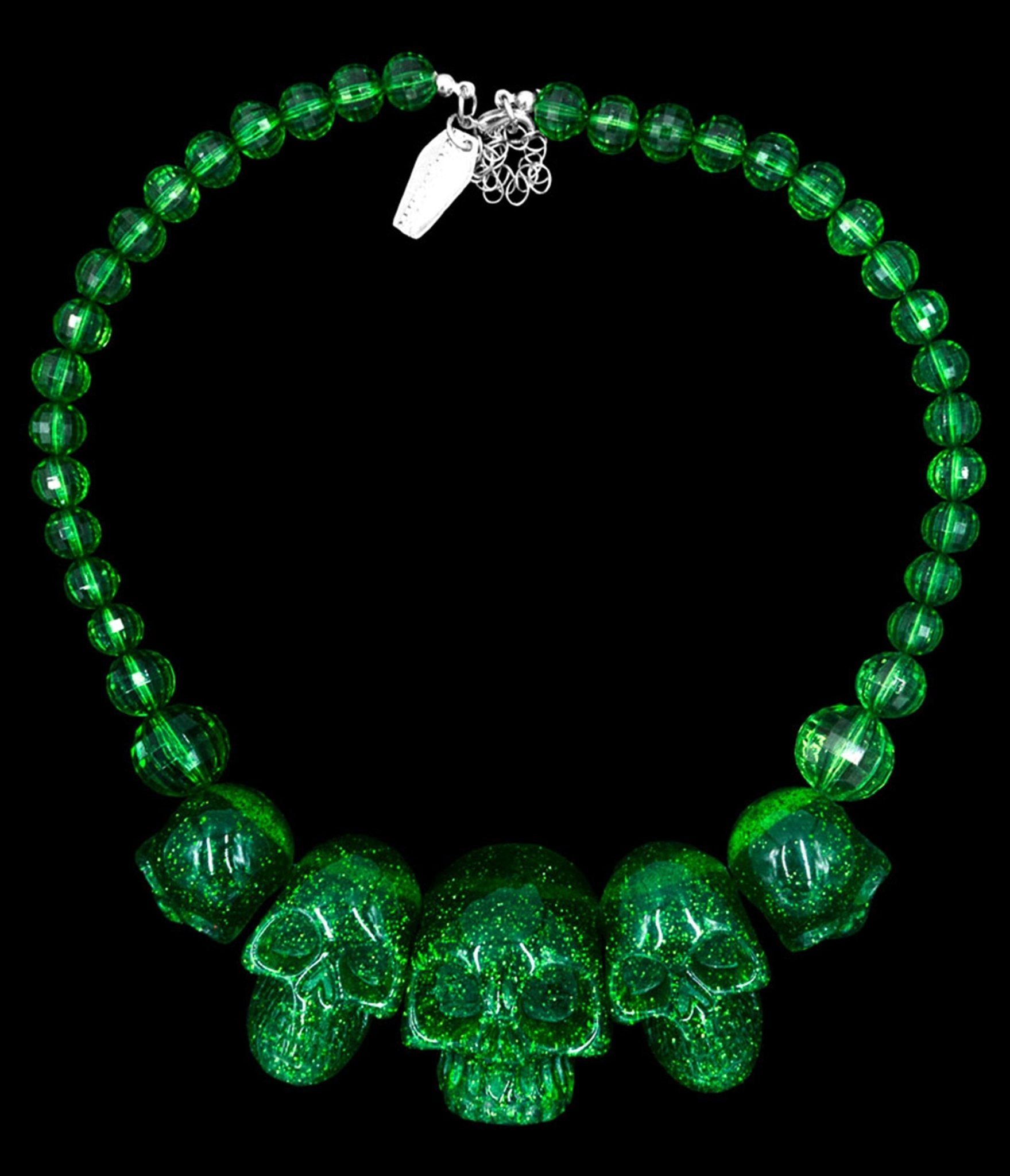 Green Glitter Multi Skull Beaded Necklace - Unique Vintage - Womens, ACCESSORIES, JEWELRY