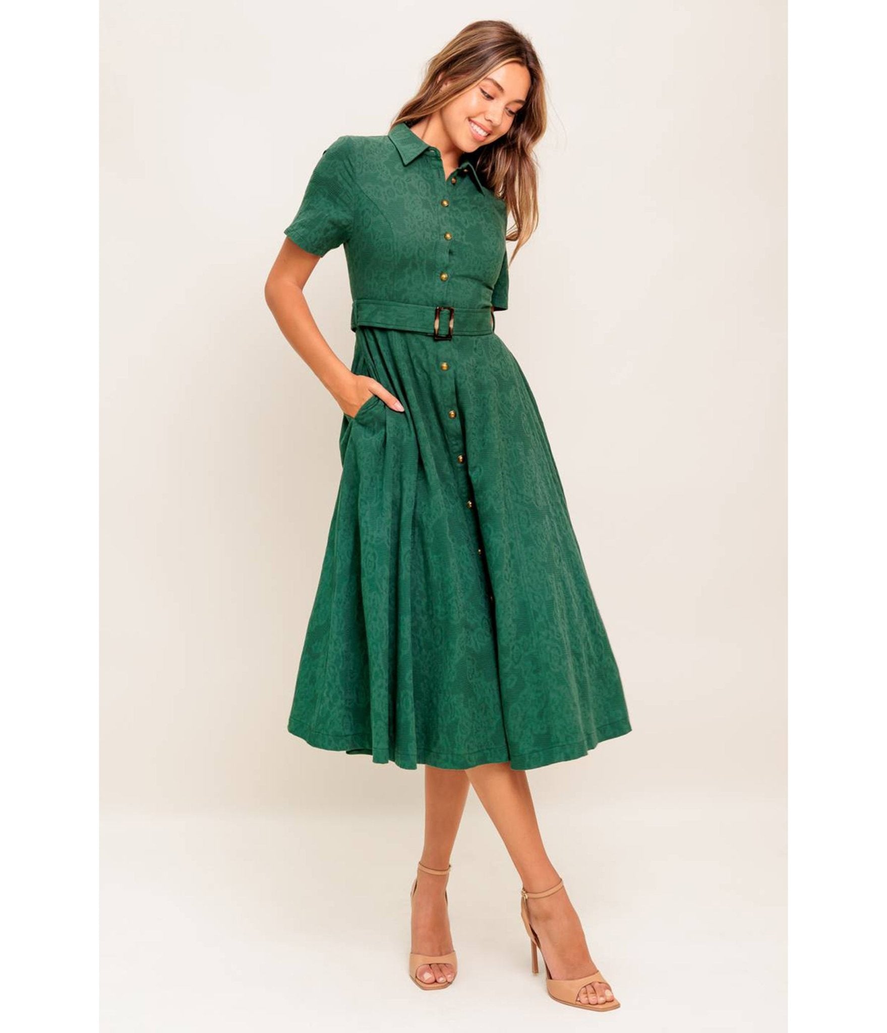 Green Jacquard Cotton Midi Dress - Unique Vintage - Womens, DRESSES, MIDI