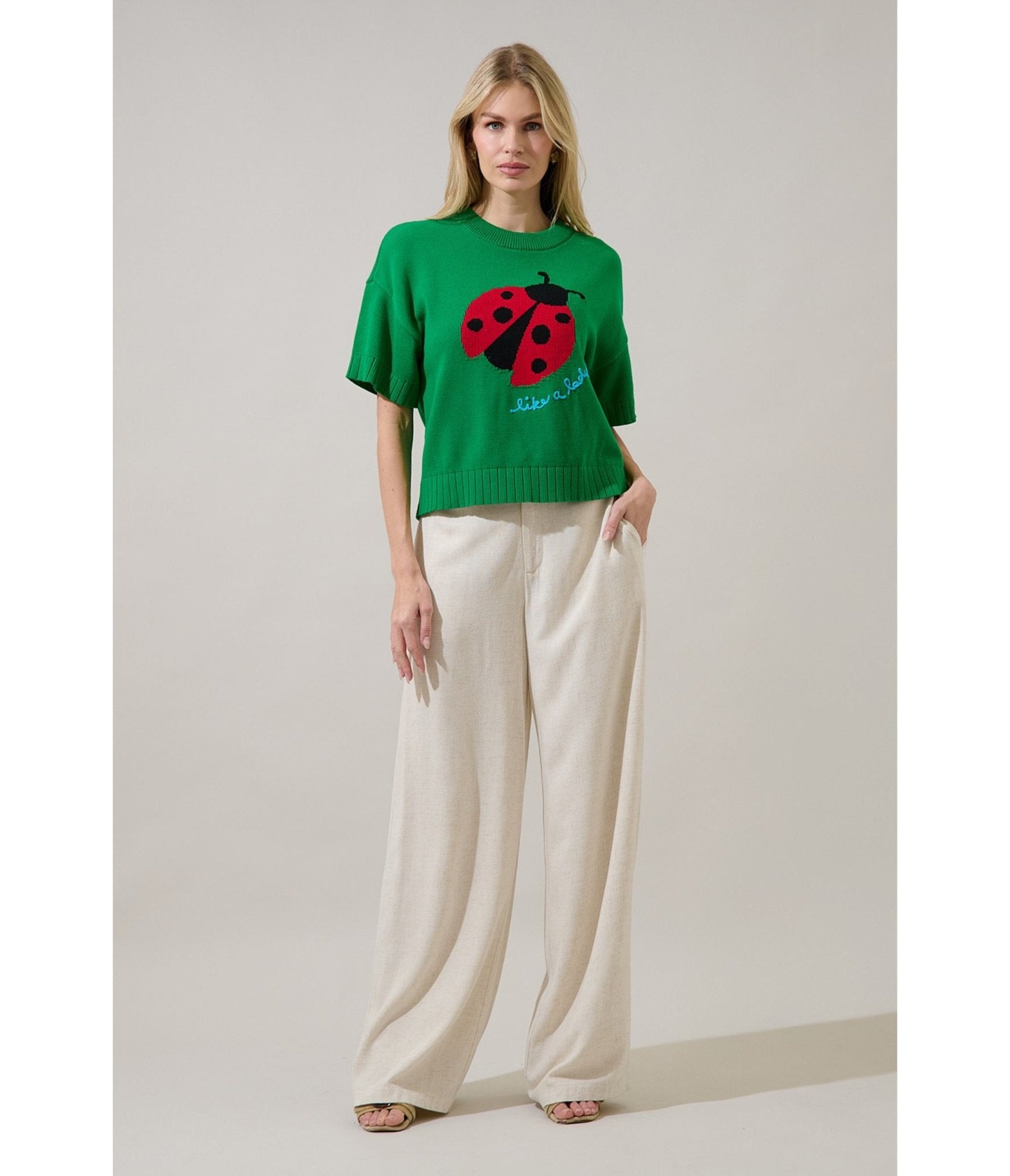 Green Ladybug Drop Shoulder Sweater - Unique Vintage - Womens, TOPS, SWEATERS
