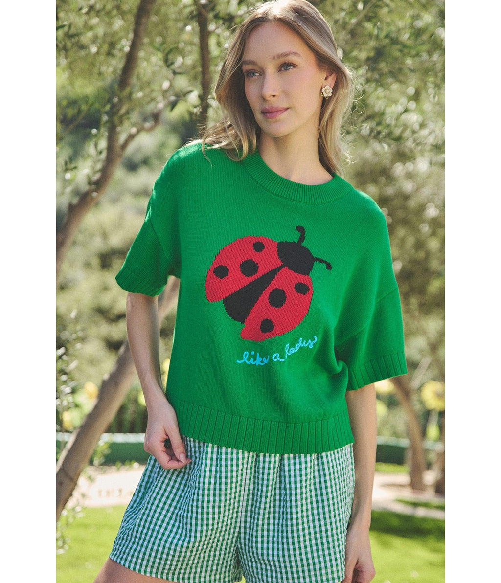 Green Ladybug Drop Shoulder Sweater - Unique Vintage - Womens, TOPS, SWEATERS