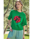 Green Ladybug Drop Shoulder Sweater - Unique Vintage - Womens, TOPS, SWEATERS