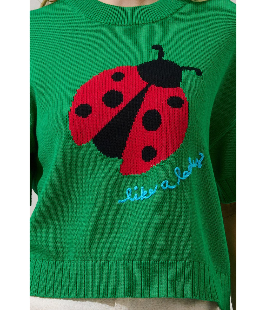 Green Ladybug Drop Shoulder Sweater - Unique Vintage - Womens, TOPS, SWEATERS