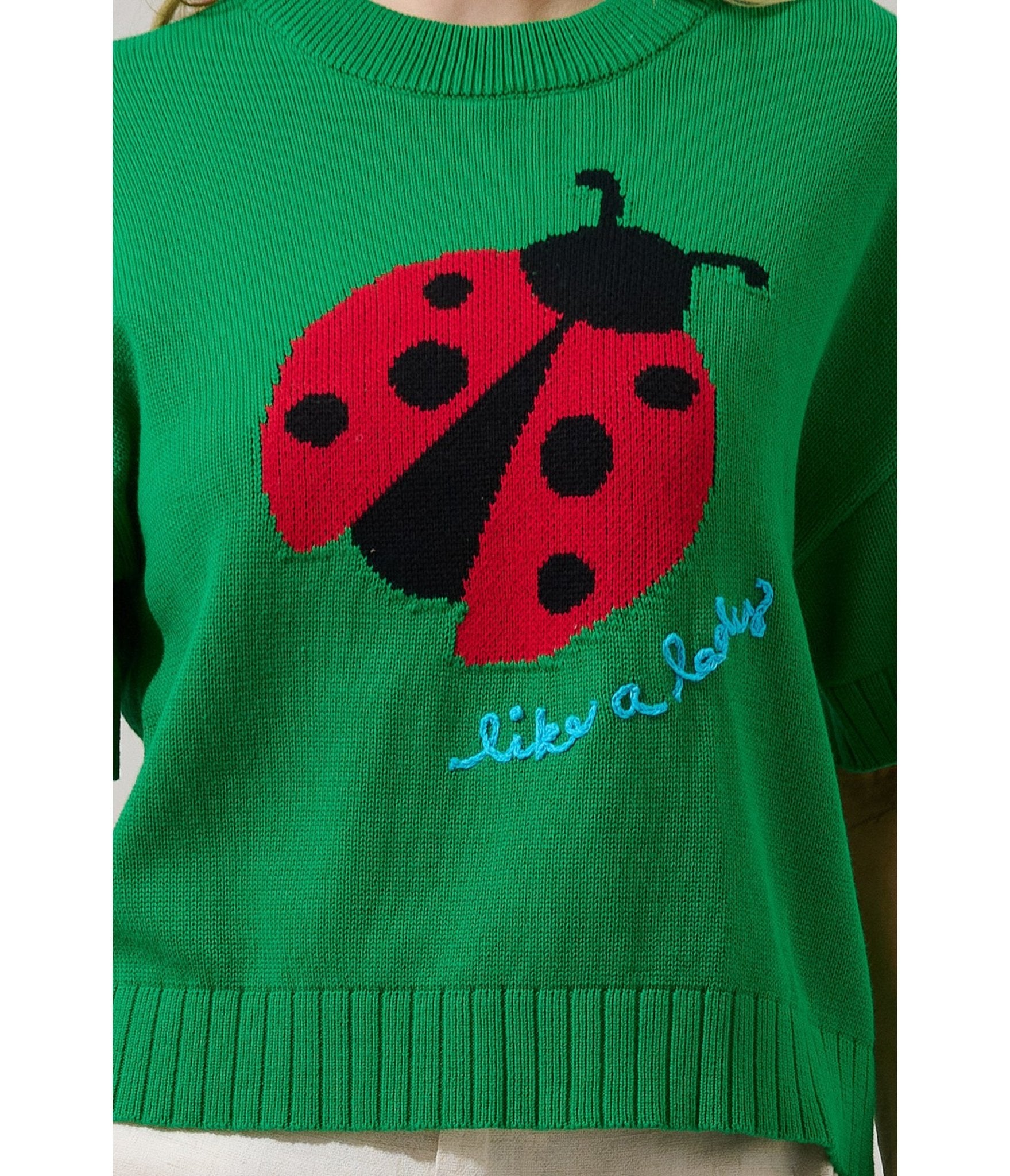 Green Ladybug Drop Shoulder Sweater - Unique Vintage - Womens, TOPS, SWEATERS