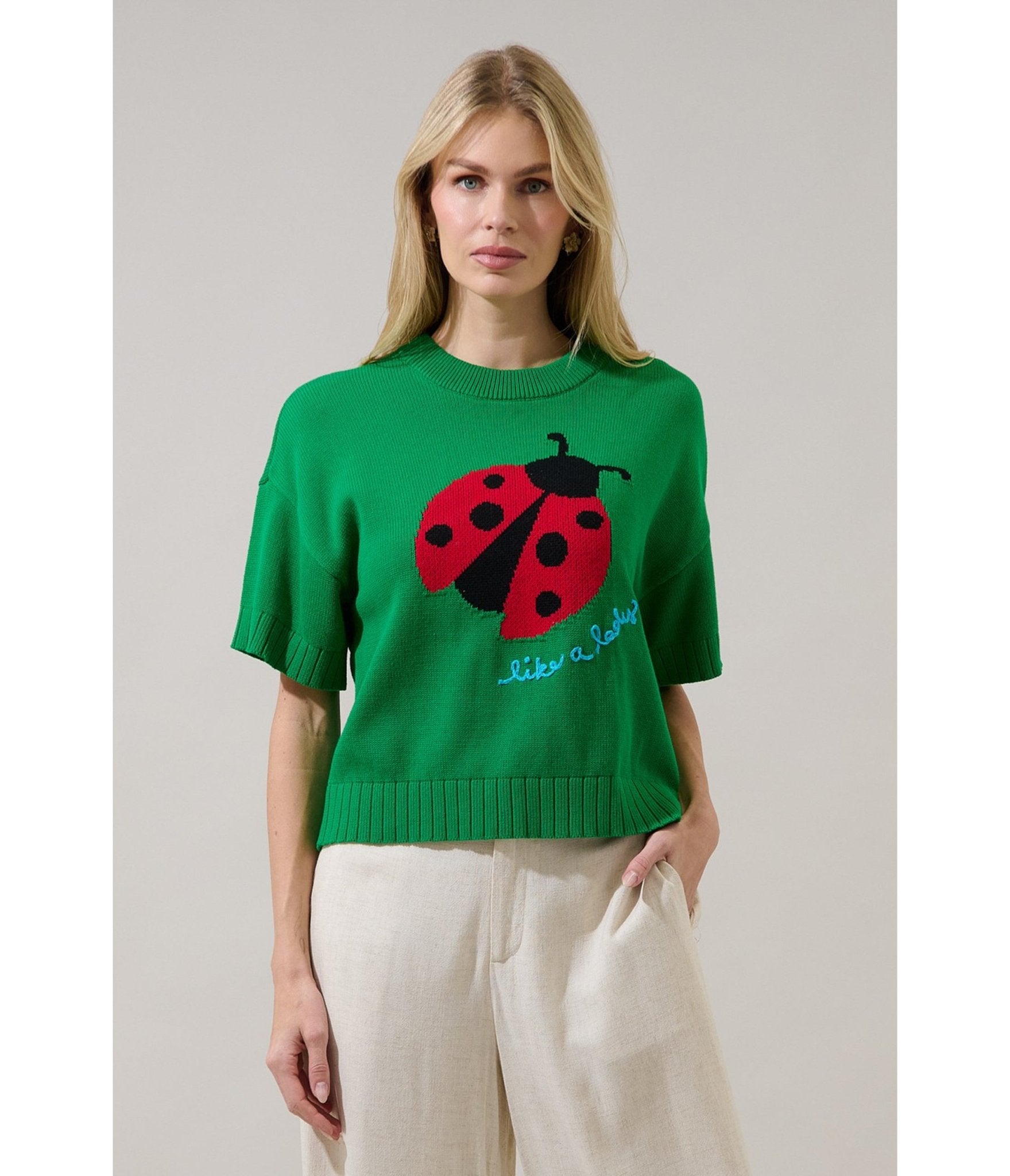 Green Ladybug Drop Shoulder Sweater - Unique Vintage - Womens, TOPS, SWEATERS