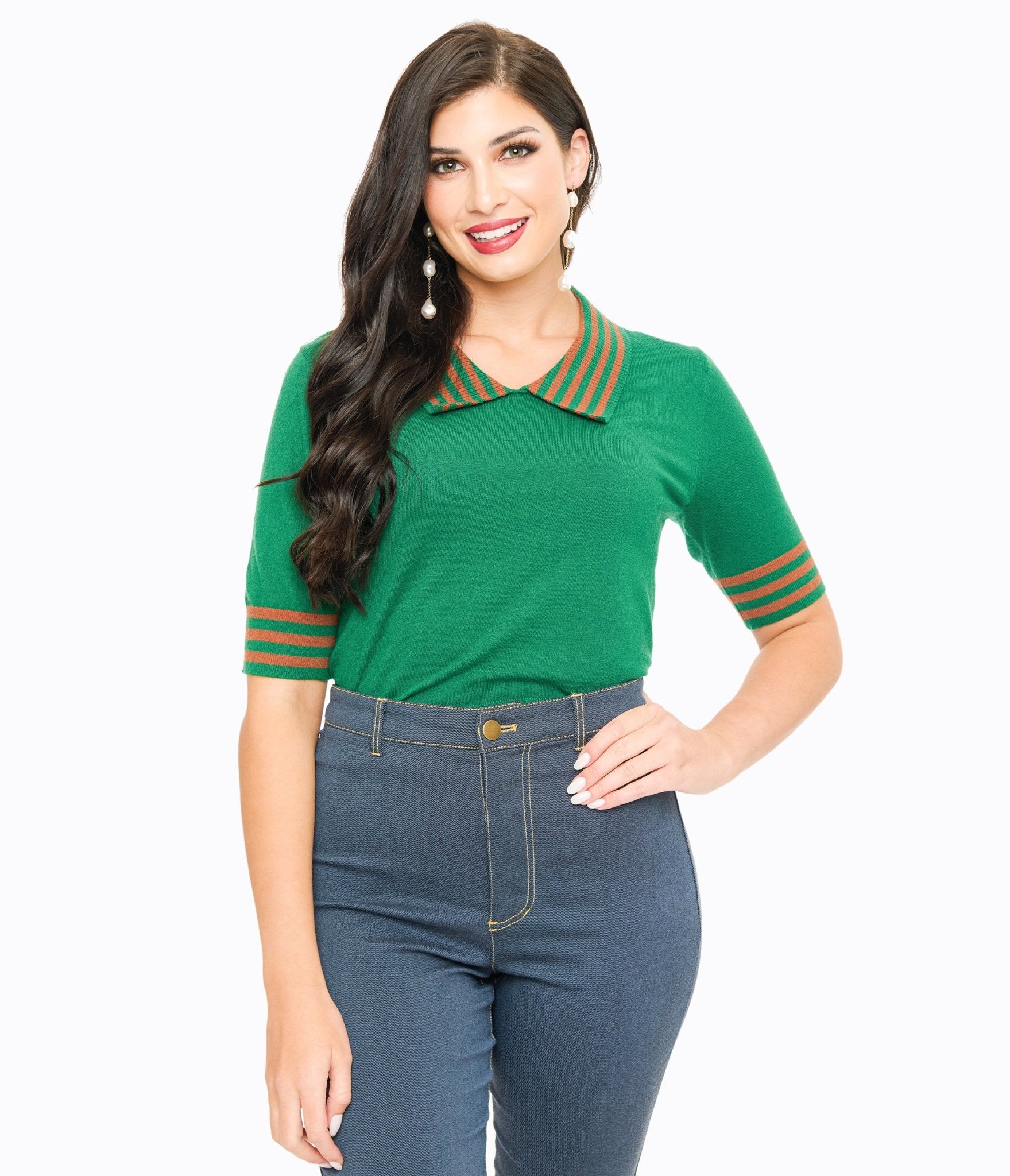 Green & Orange Striped Collar Knit Sweater - Unique Vintage - Womens, TOPS, SWEATERS AND VESTS
