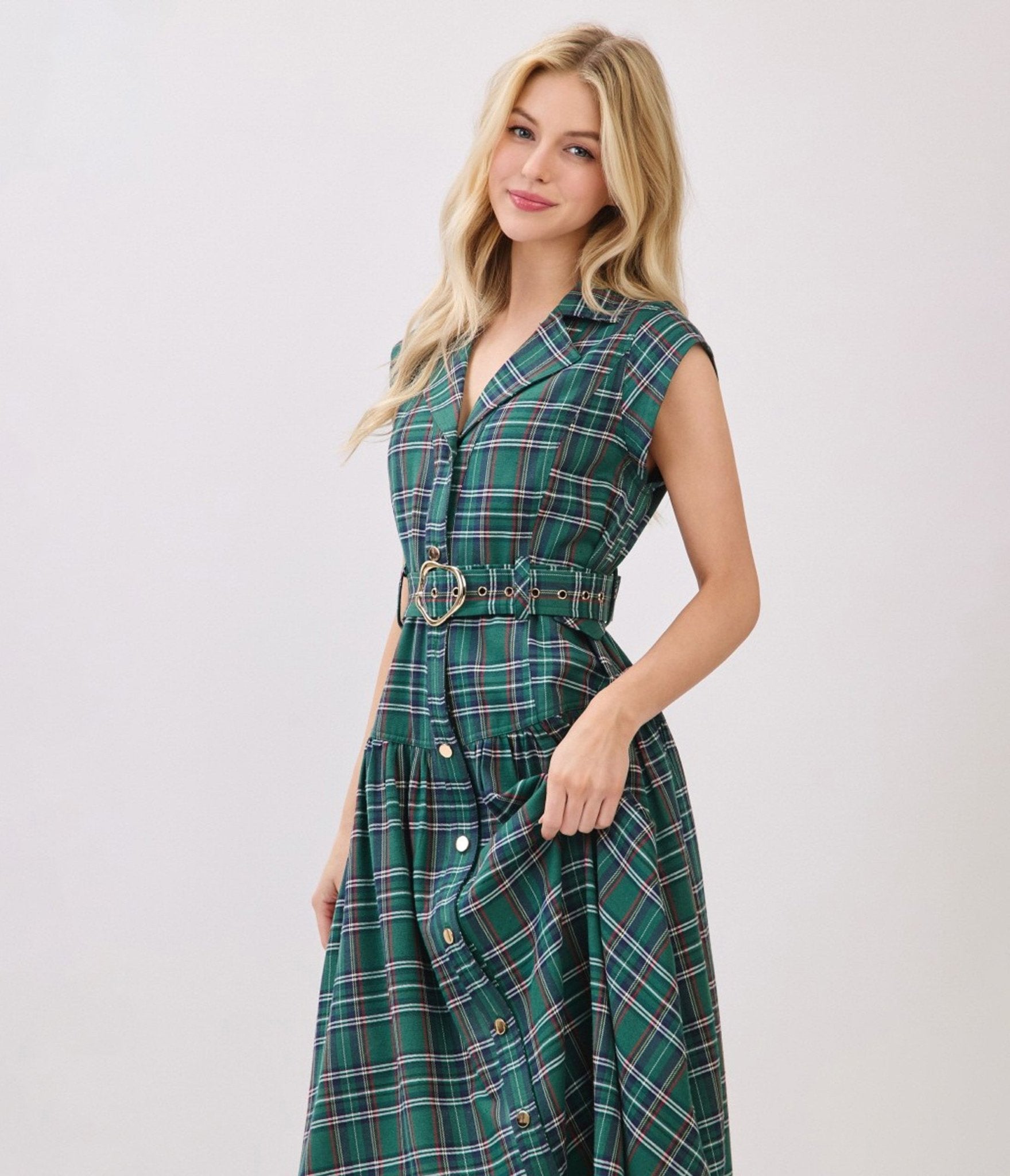 Green Plaid Button Down Midi Dress - Unique Vintage - Womens, DRESSES, MIDI