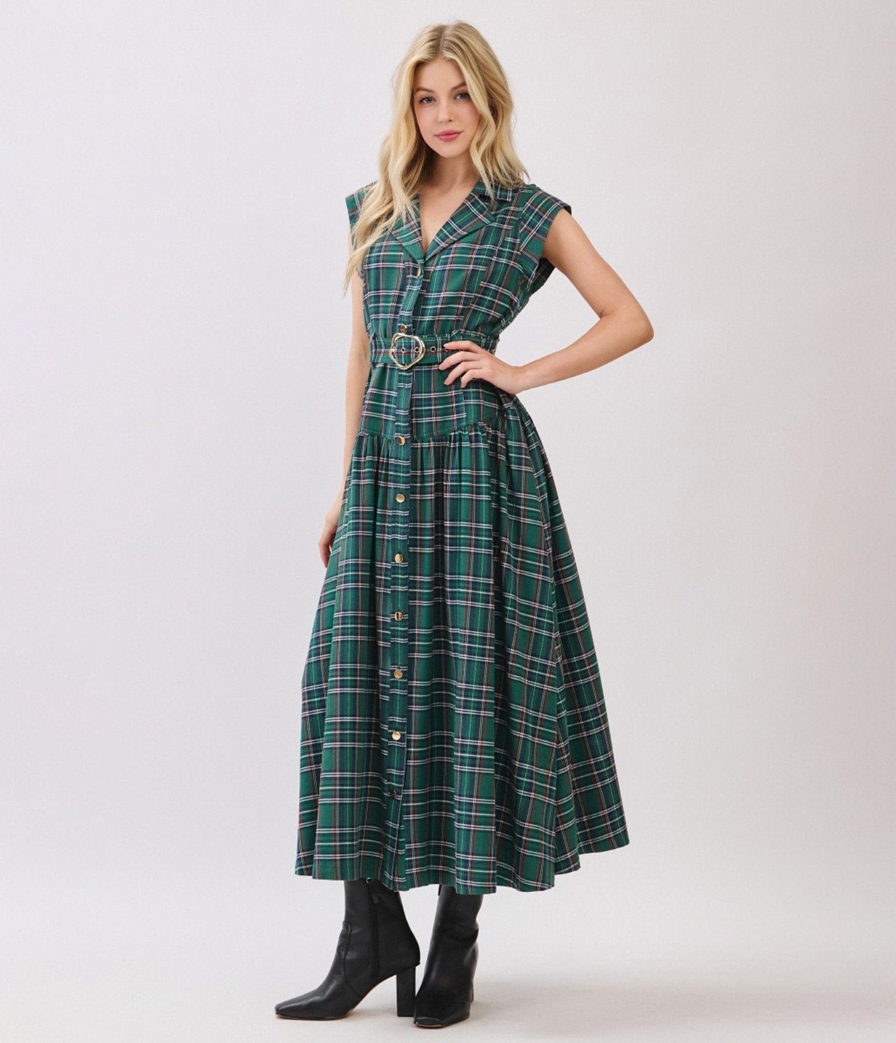 Green Plaid Button Down Midi Dress - Unique Vintage - Womens, DRESSES, MIDI