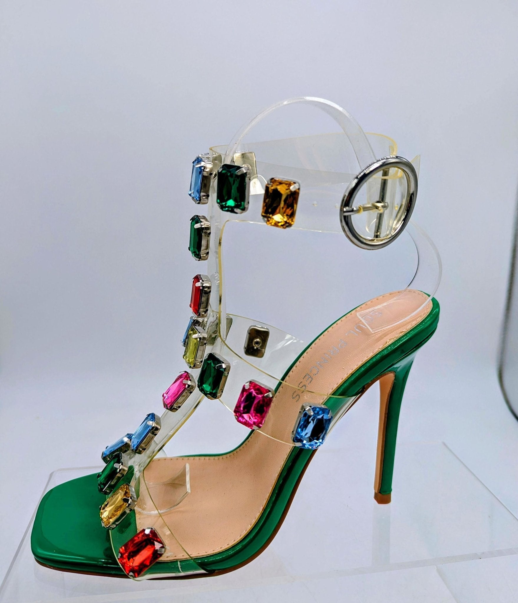 Green & Rainbow Jewel Rhinestone Heel Sandals - Unique Vintage - Womens, SHOES, HEELS