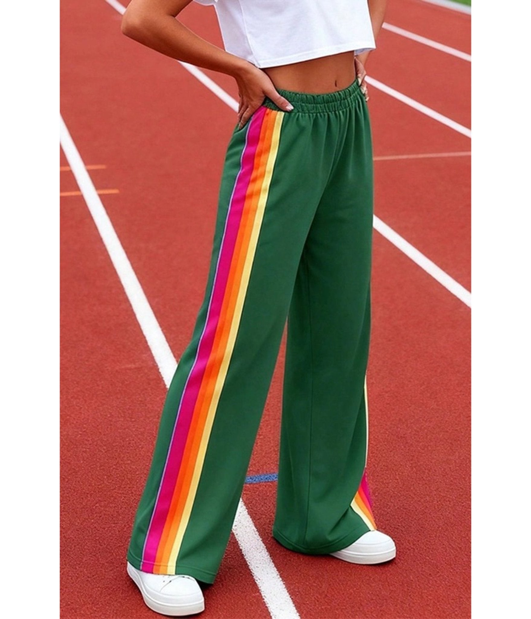 Green Rainbow Stripe Wide-Leg Sweatpants - Unique Vintage - Womens, BOTTOMS, PANTS