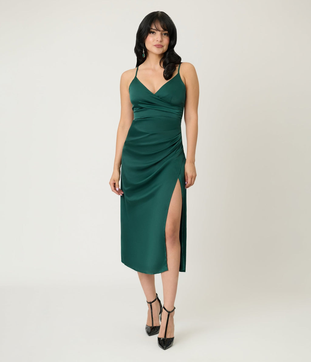 Green Satin Midi Bridesmaids Dress - Unique Vintage - Womens, DRESSES, PROM AND SPECIAL OCCASION