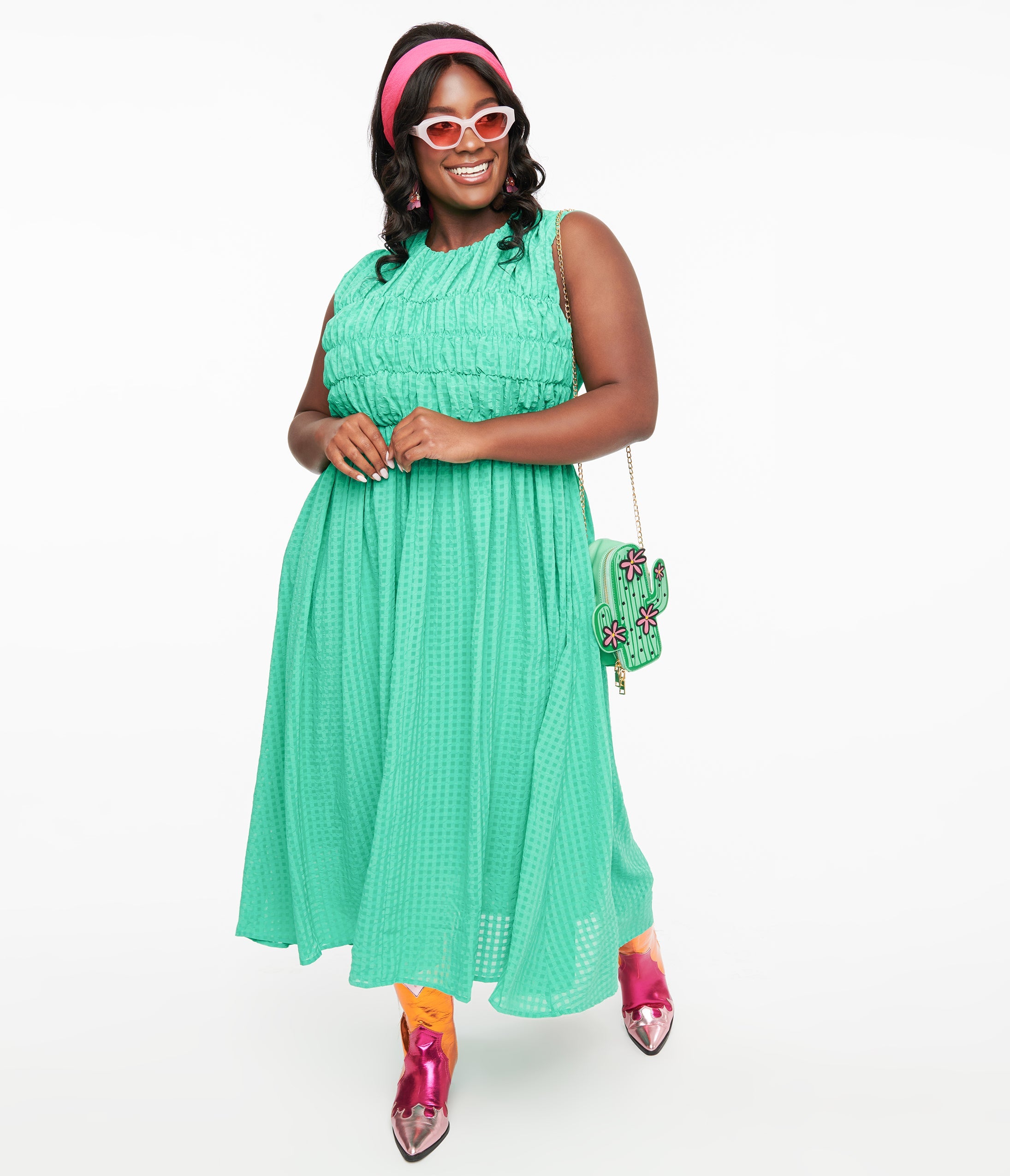 Green Seersucker Midi Dress - Unique Vintage - Womens, DRESSES, MIDI