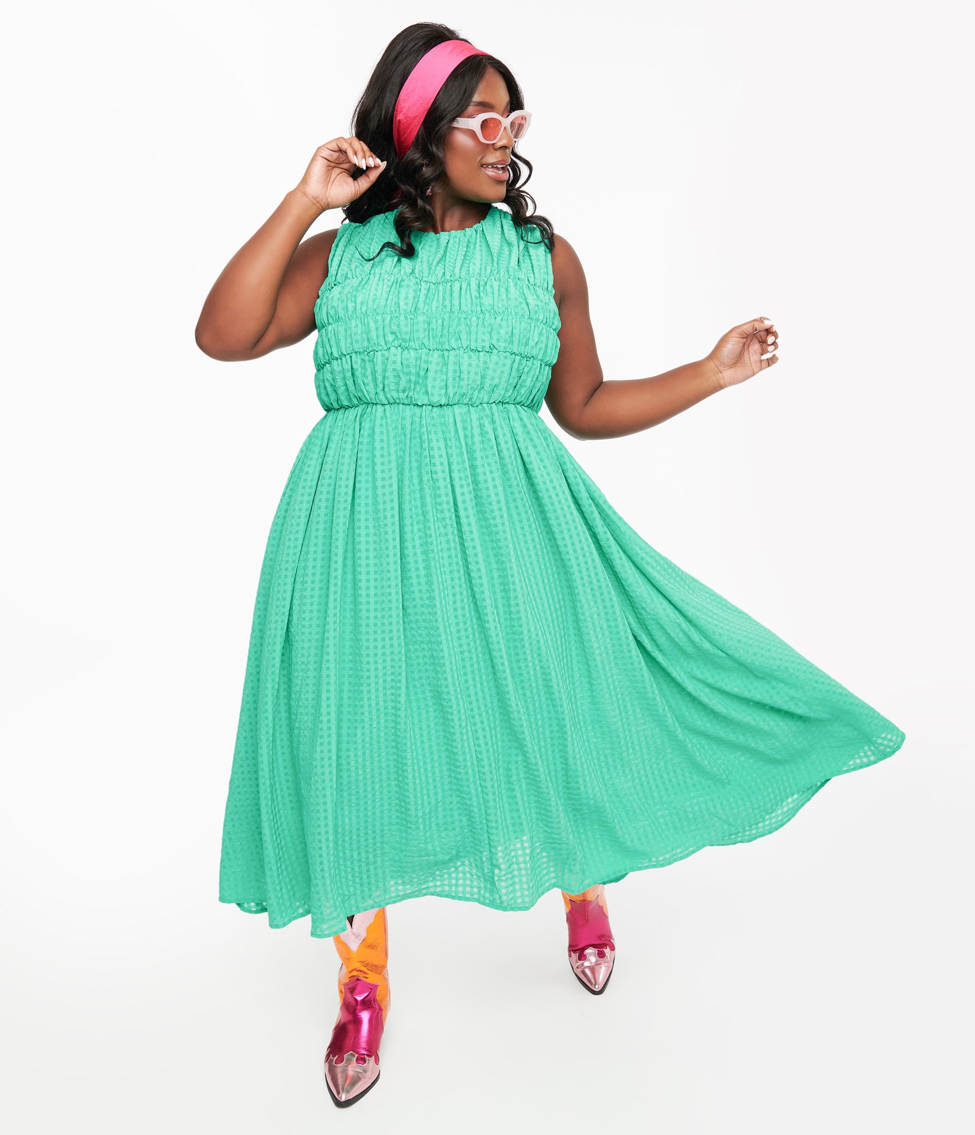 Green Seersucker Midi Dress - Unique Vintage - Womens, DRESSES, MIDI