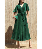 Green Shimmer Pleated Midi Dress - Unique Vintage - Midi Dresses