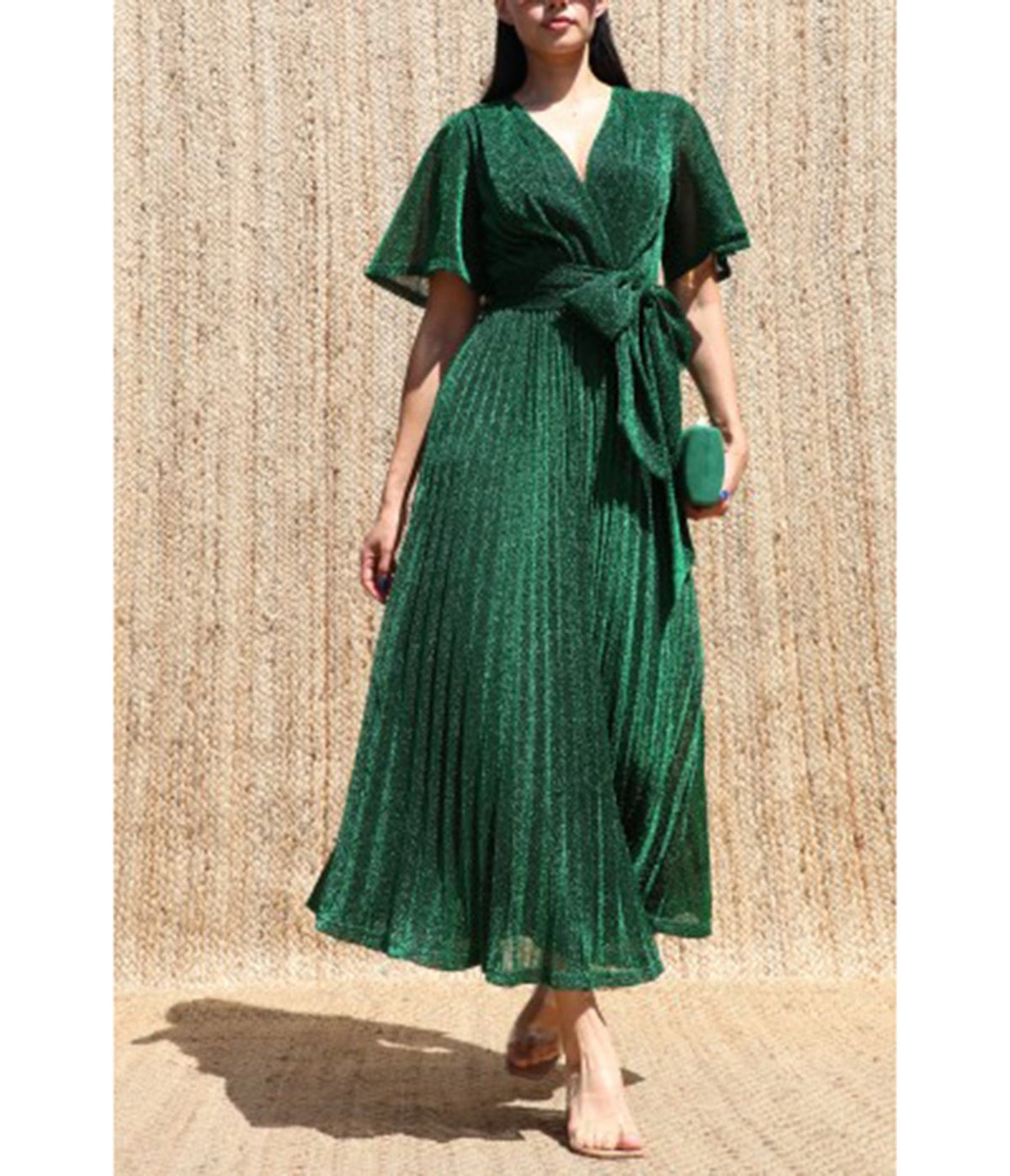 Green Shimmer Pleated Midi Dress - Unique Vintage - Midi Dresses
