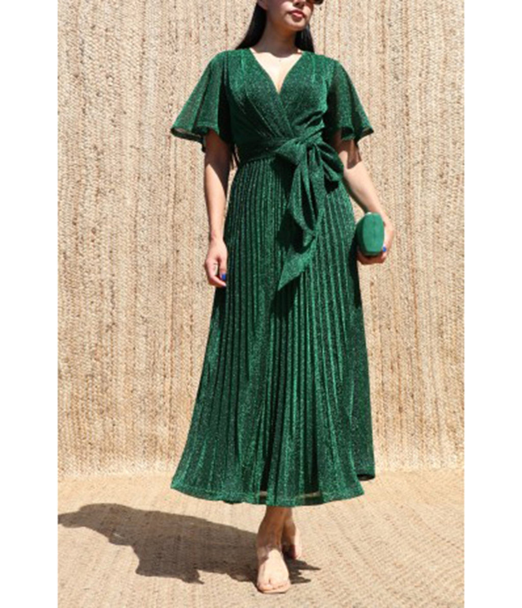 Green Shimmer Pleated Midi Dress - Unique Vintage - Midi Dresses