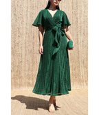 Green Shimmer Pleated Midi Dress - Unique Vintage - Midi Dresses