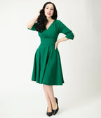 Green Surplice Neck Swing Dress - Unique Vintage - Womens, DRESSES, SWING