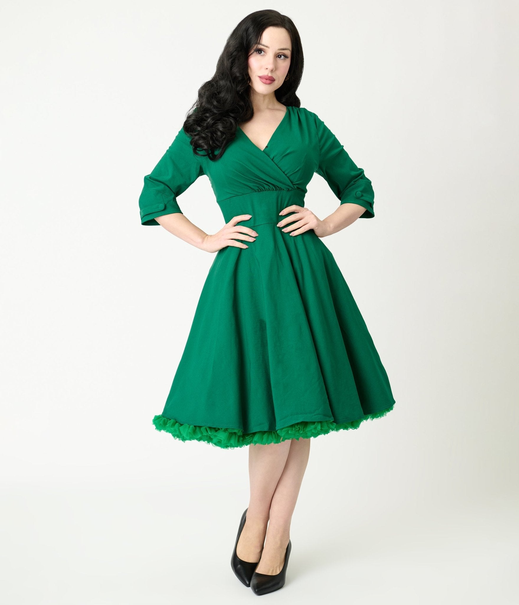 Green Surplice Neck Swing Dress - Unique Vintage - Womens, DRESSES, SWING