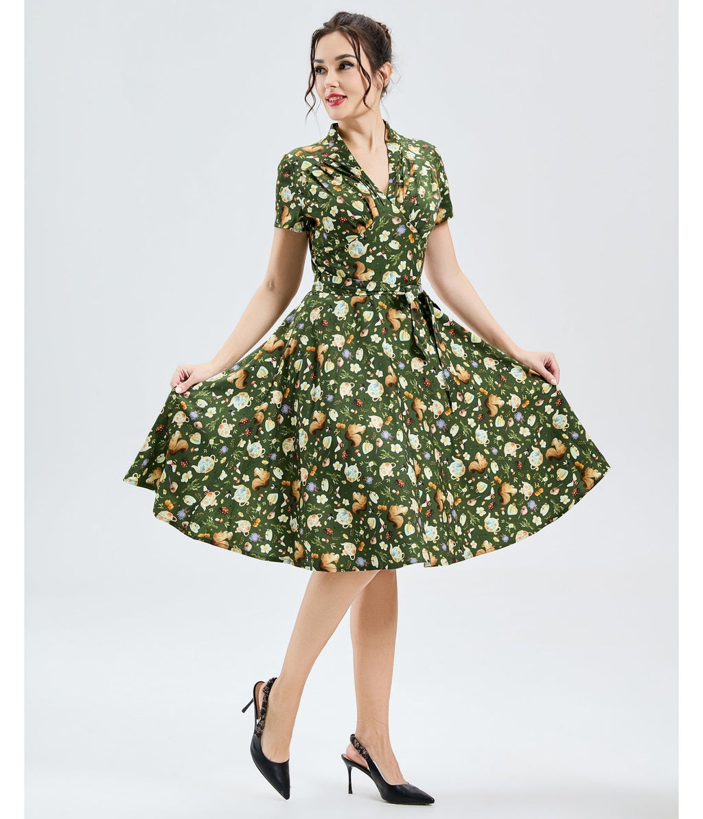 Green Teapots & Critters Print Swing Dress - Unique Vintage - Womens, DRESSES, SWING