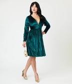 Green Velvet Long Sleeve Fit & Flare Dress - Unique Vintage - Womens, DRESSES, FIT AND FLARE
