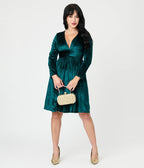Green Velvet Long Sleeve Fit & Flare Dress - Unique Vintage - Womens, DRESSES, FIT AND FLARE