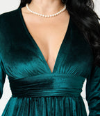Green Velvet Long Sleeve Fit & Flare Dress - Unique Vintage - Womens, DRESSES, FIT AND FLARE